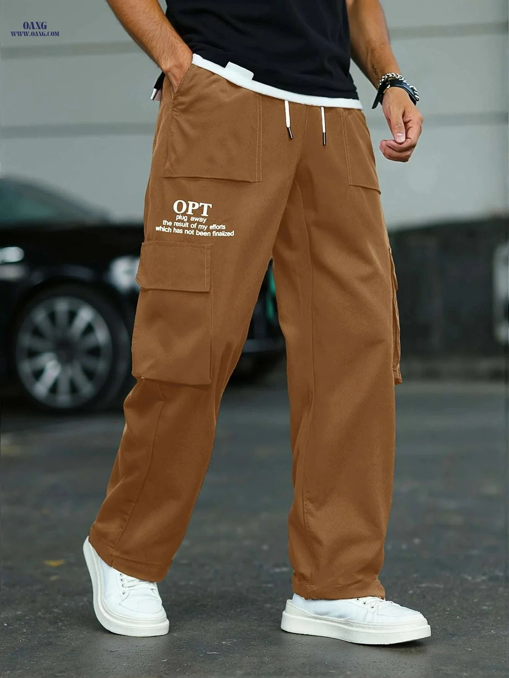 Comfortable Men's Cargo Pants - Brown, Drawstring Waist & Pockets   OAXG Black / XS