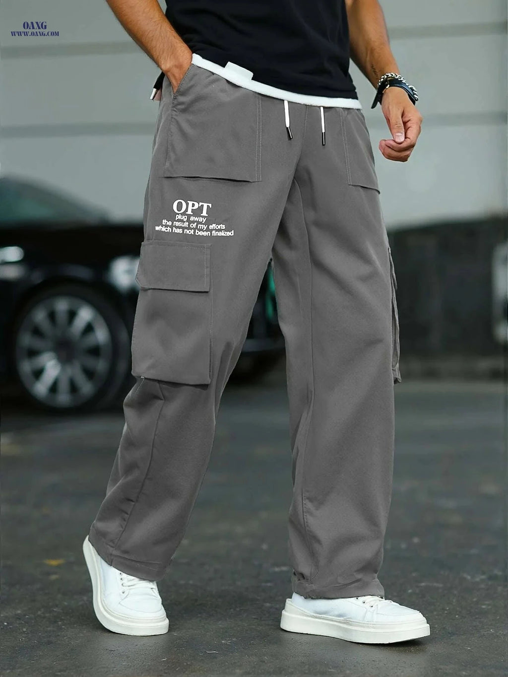 Comfortable Men's Cargo Pants - Brown, Drawstring Waist & Pockets   OAXG Black / XS