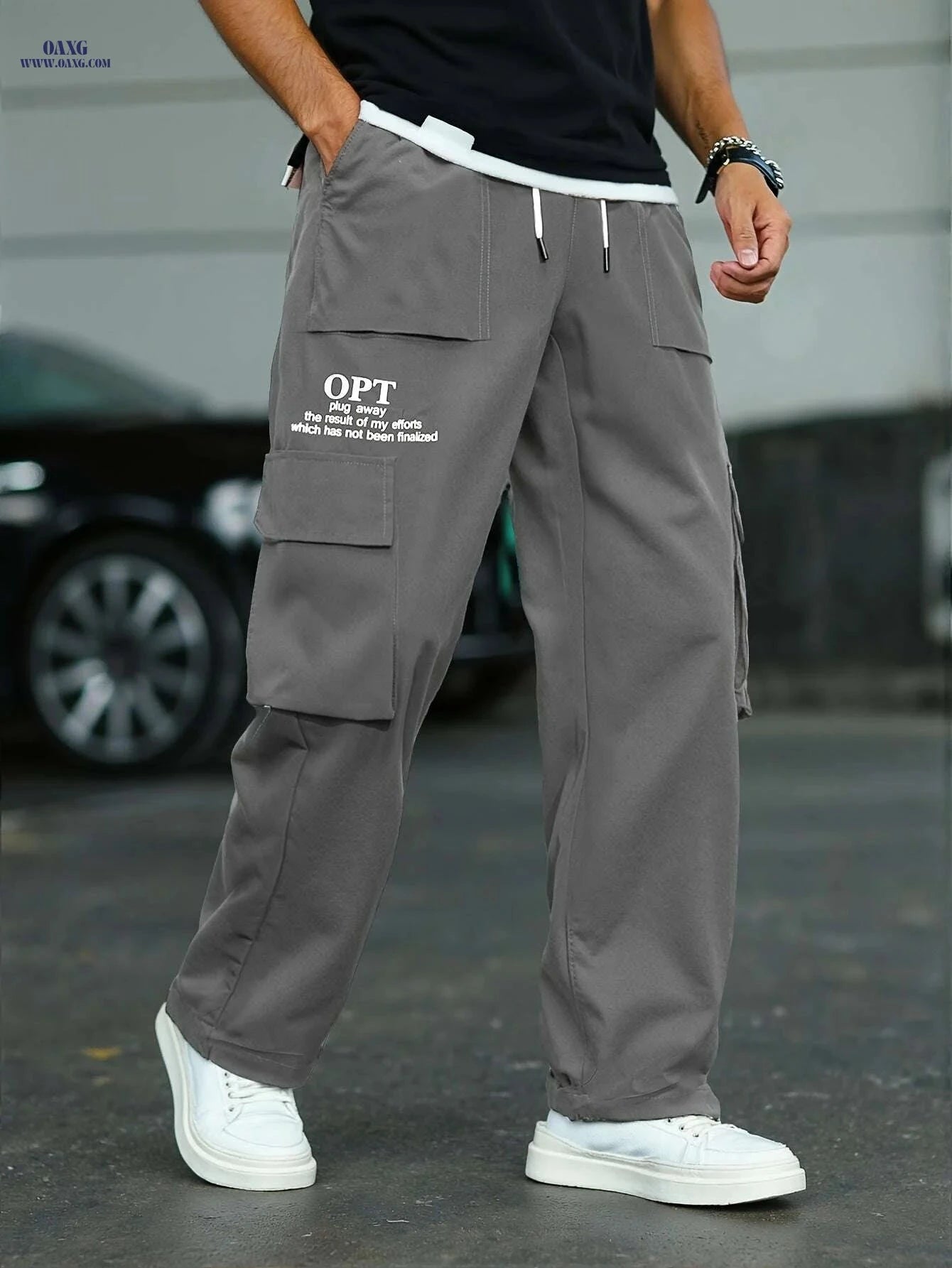 Comfortable Men's Cargo Pants - Brown, Drawstring Waist & Pockets   OAXG Black / XS