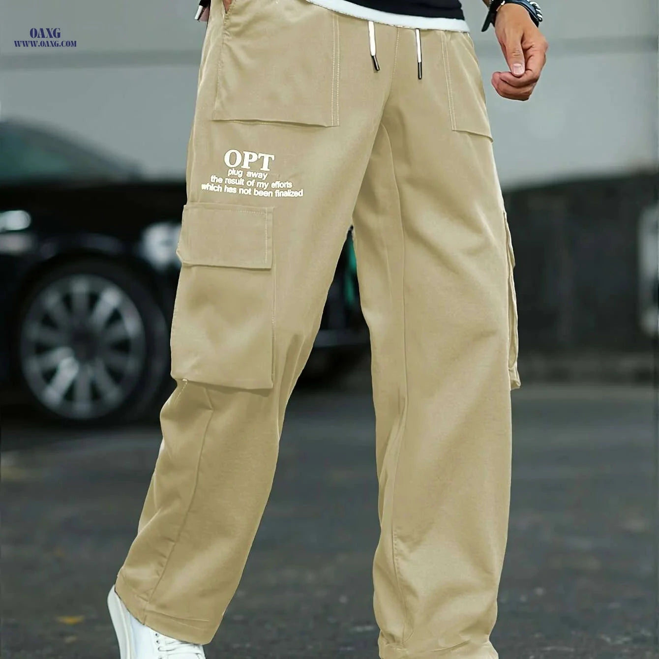 Comfortable Men's Cargo Pants - Brown, Drawstring Waist & Pockets   OAXG Black / XS