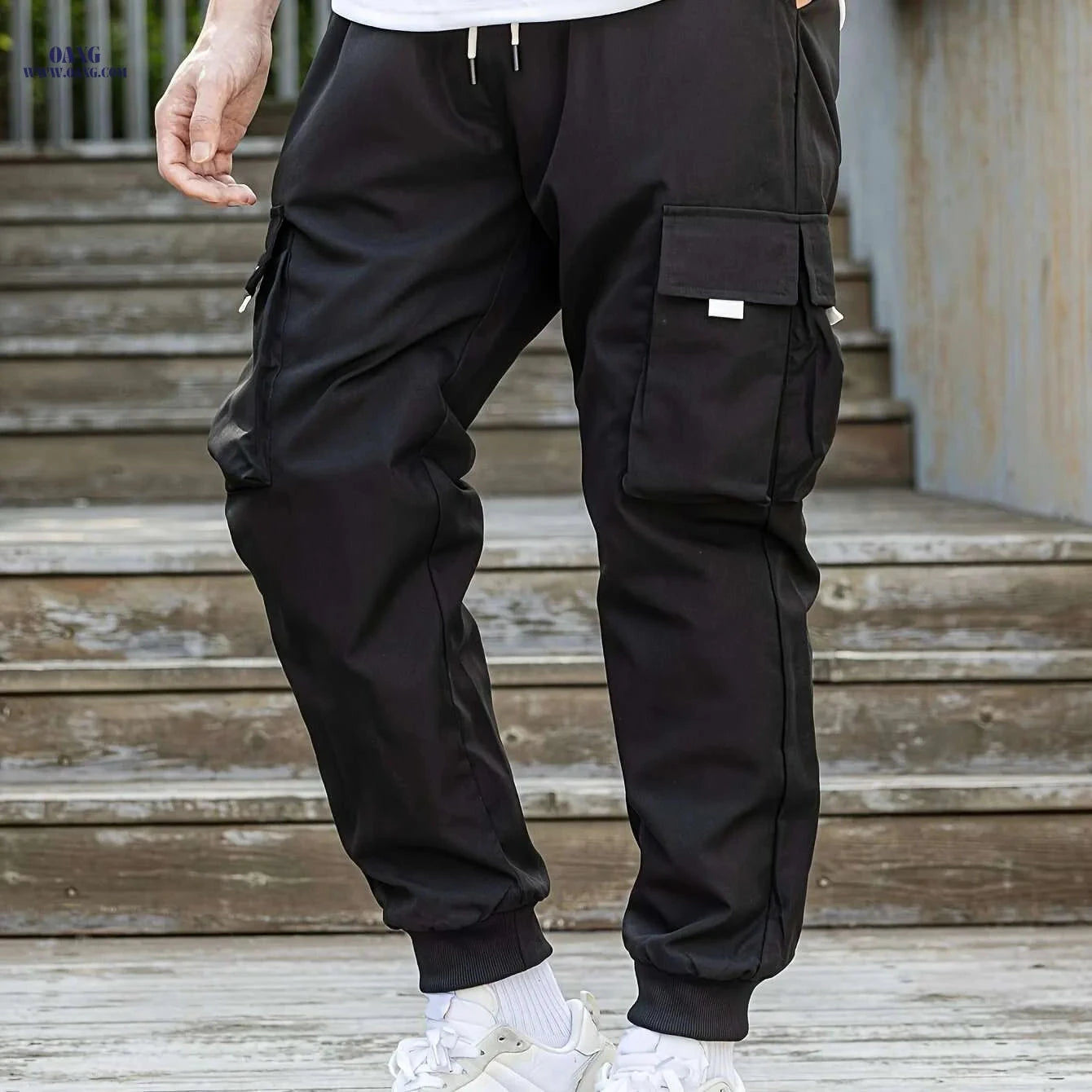 Comfy Men's Cargo Pants - Loose Fit with Drawstring & Flap Pockets   OAXG Black / S