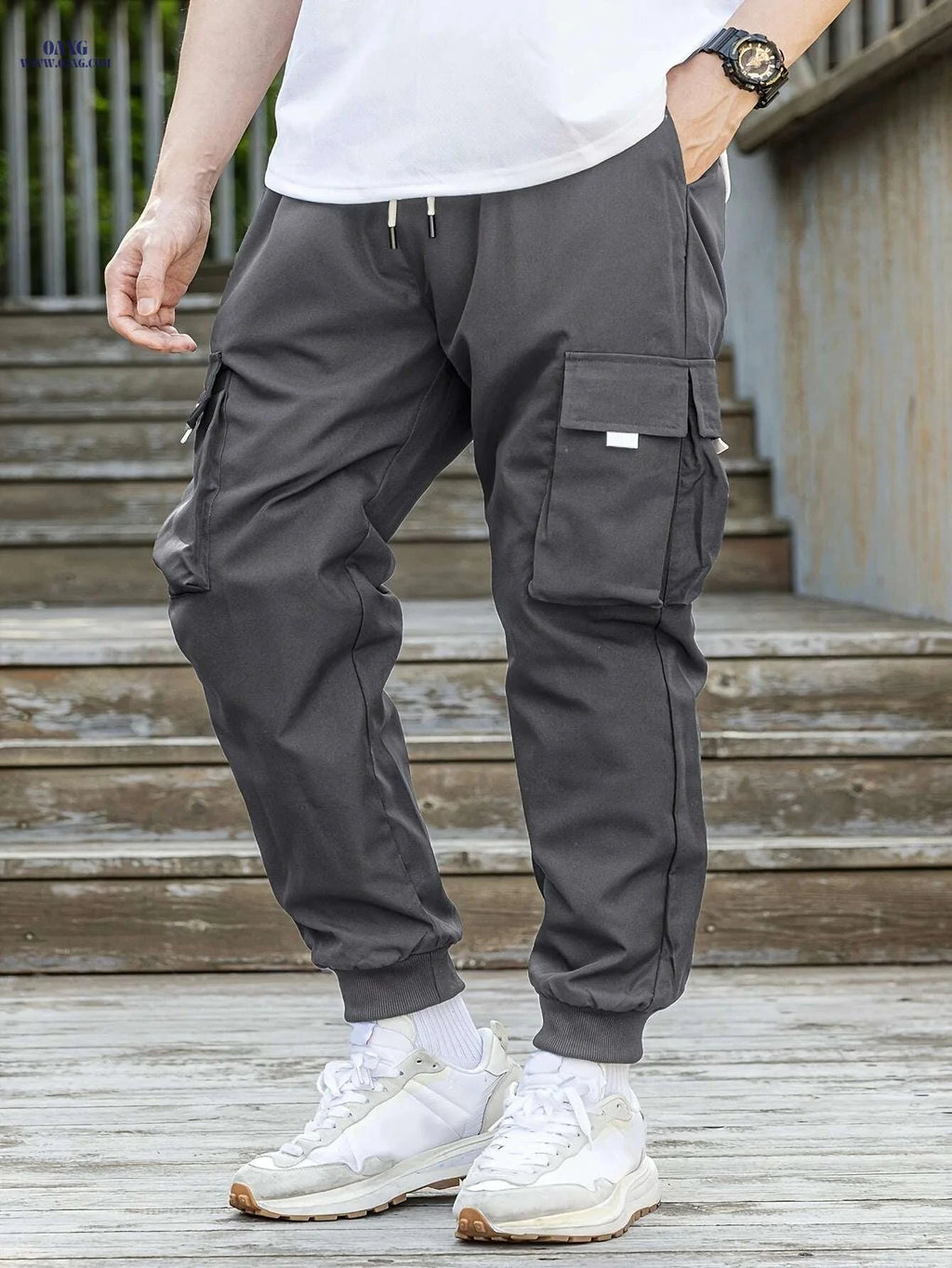 Comfy Men's Cargo Pants - Loose Fit with Drawstring & Flap Pockets   OAXG Black / S