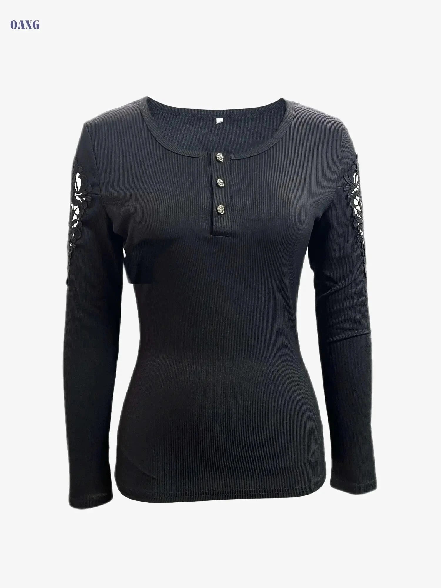 Contrast Lace Long Sleeve V-Neck T-Shirt - Women's Casual Style   OAXG 