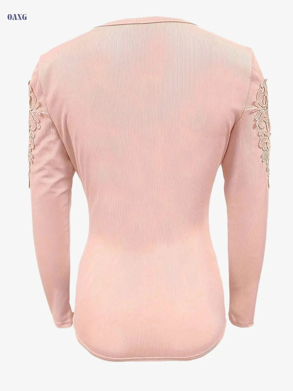 Contrast Lace Long Sleeve V-Neck T-Shirt - Women's Casual Style   OAXG Pink / S