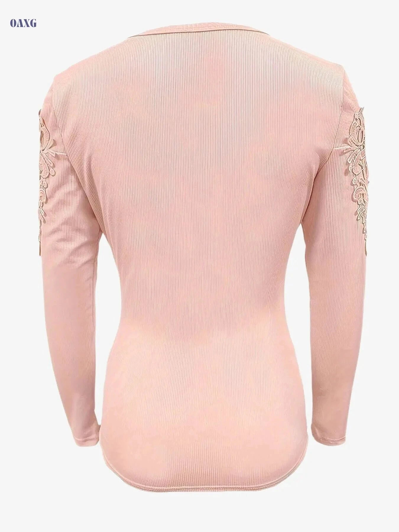 Contrast Lace Long Sleeve V-Neck T-Shirt - Women's Casual Style   OAXG Pink / S