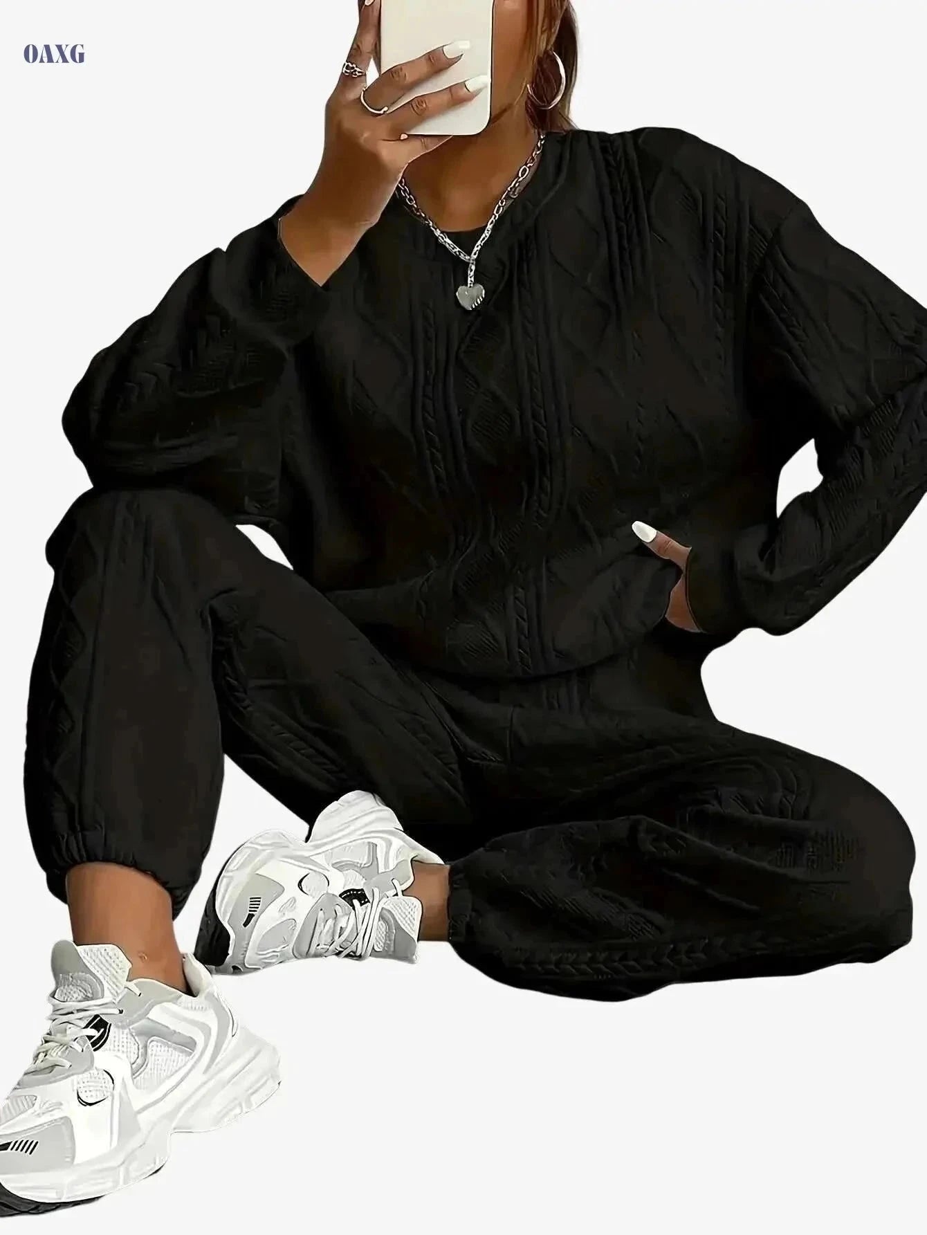Cozy 2pcs Sweatsuit Set for Women - Fall/Winter Casual Outfit   OAXG Green / S