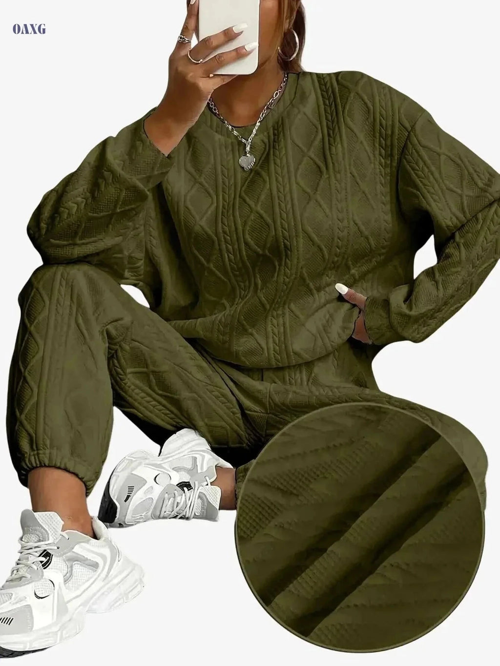 Cozy 2pcs Sweatsuit Set for Women - Fall/Winter Casual Outfit   OAXG Green / S