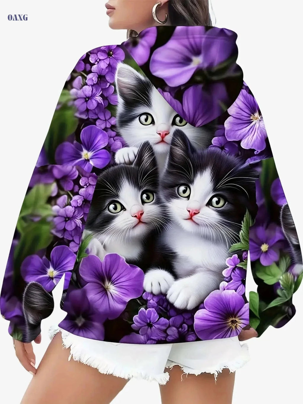 Cozy Cat & Floral Print Hoodie - Women's All-Over Pullover Sweatshirt   OAXG 【Multicolor】 / S