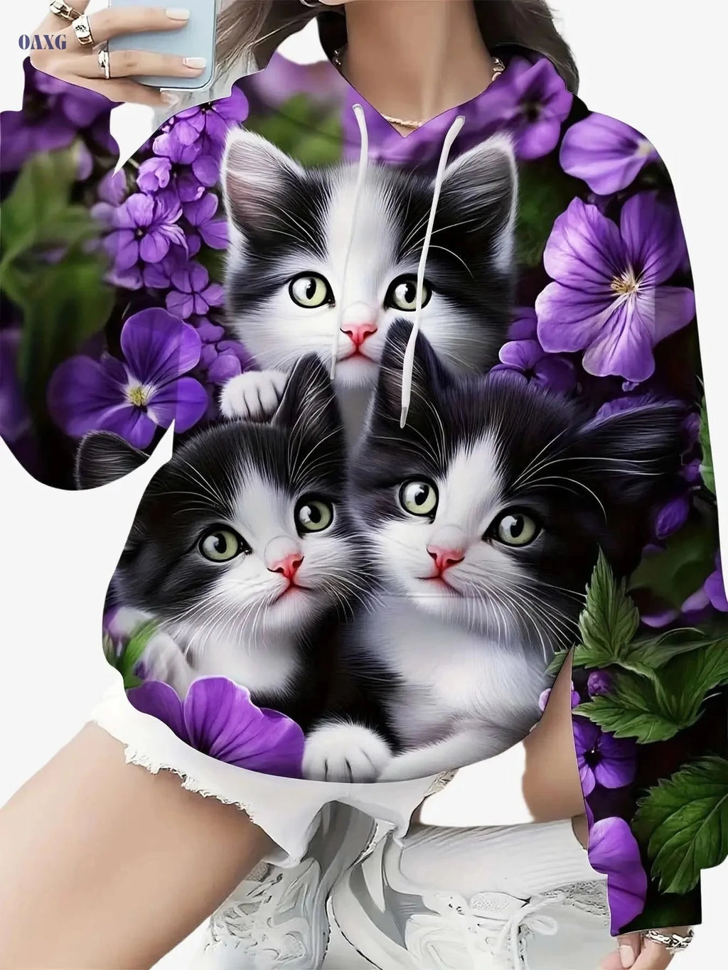 Cozy Cat & Floral Print Hoodie - Women's All-Over Pullover Sweatshirt   OAXG 【Multicolor】 / S