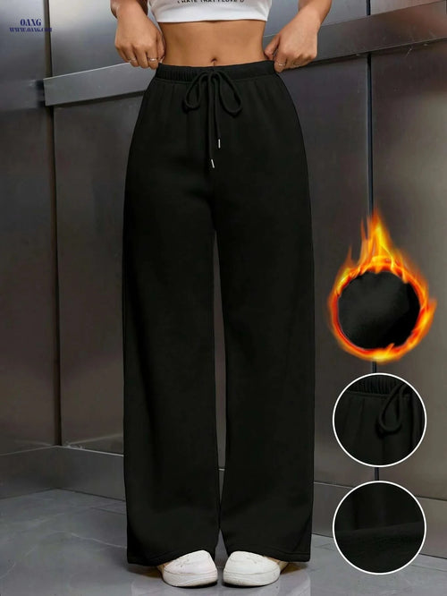 Cozy Fleece-Lined Pants - Thick Straight Leg for Fall/Winter Wear   OAXG Black / S