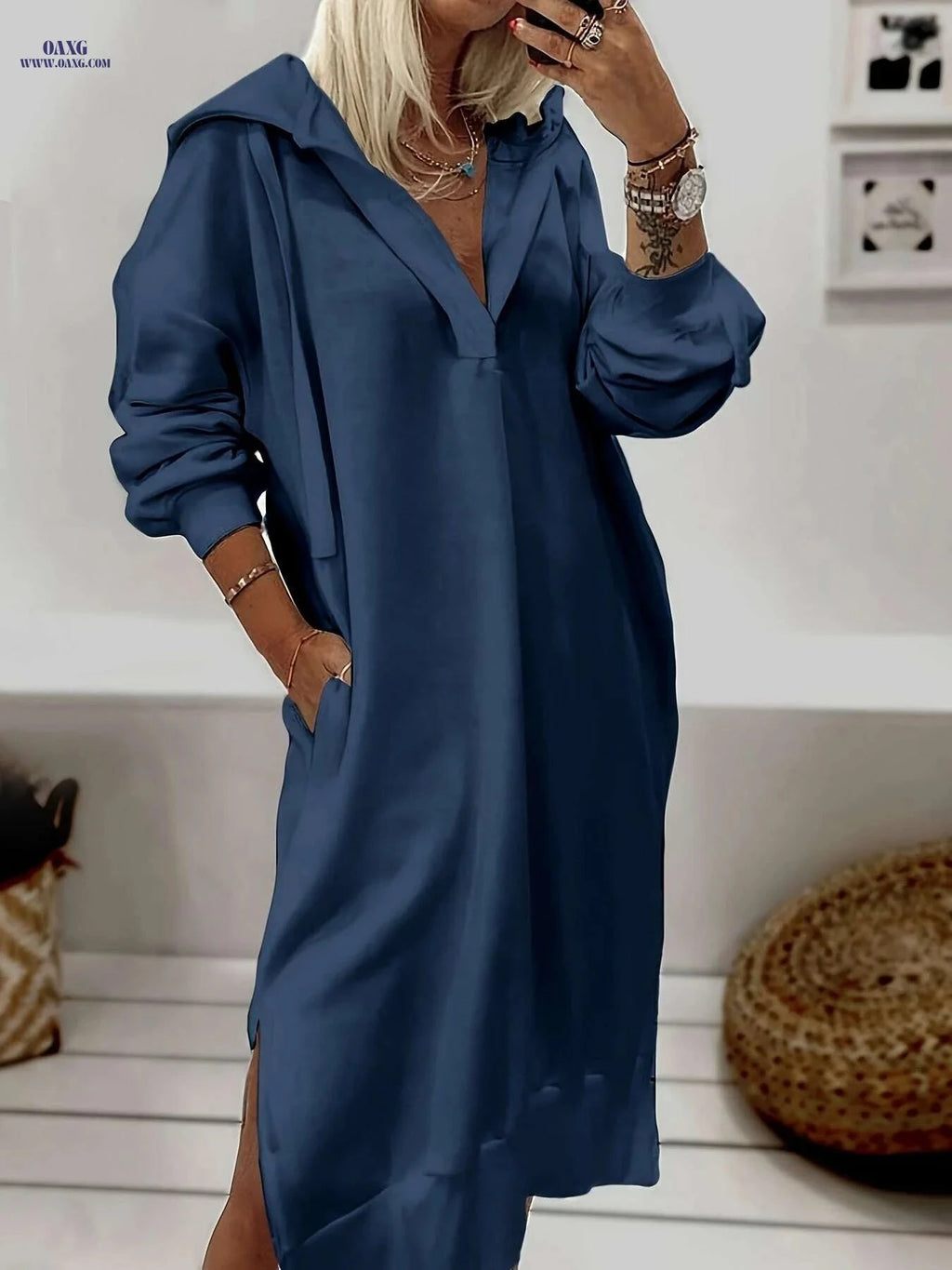 Cozy V-Neck Split Hem Hooded Sweatshirt Dress - Casual Spring Style   OAXG White / S