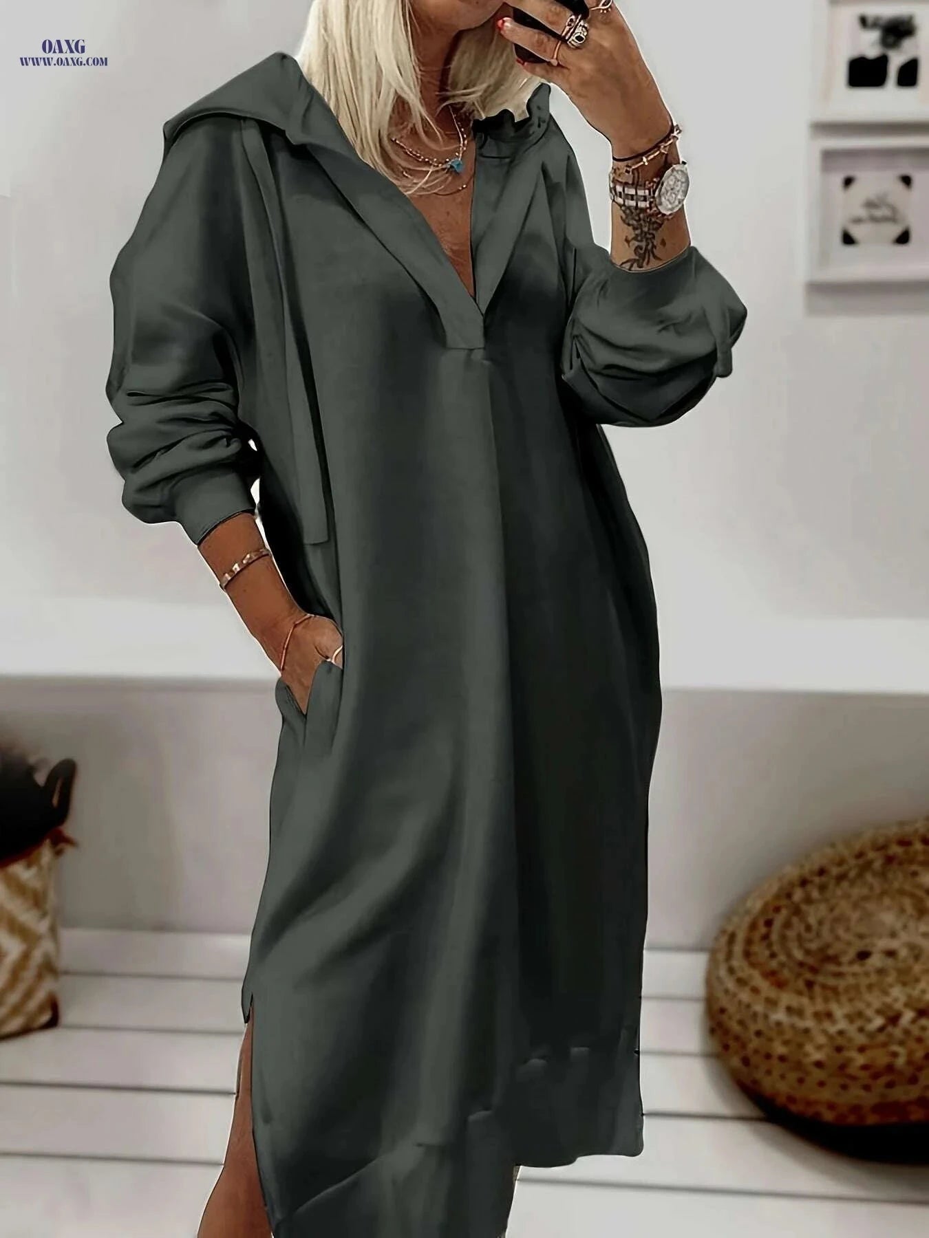 Cozy V-Neck Split Hem Hooded Sweatshirt Dress - Casual Spring Style   OAXG White / S