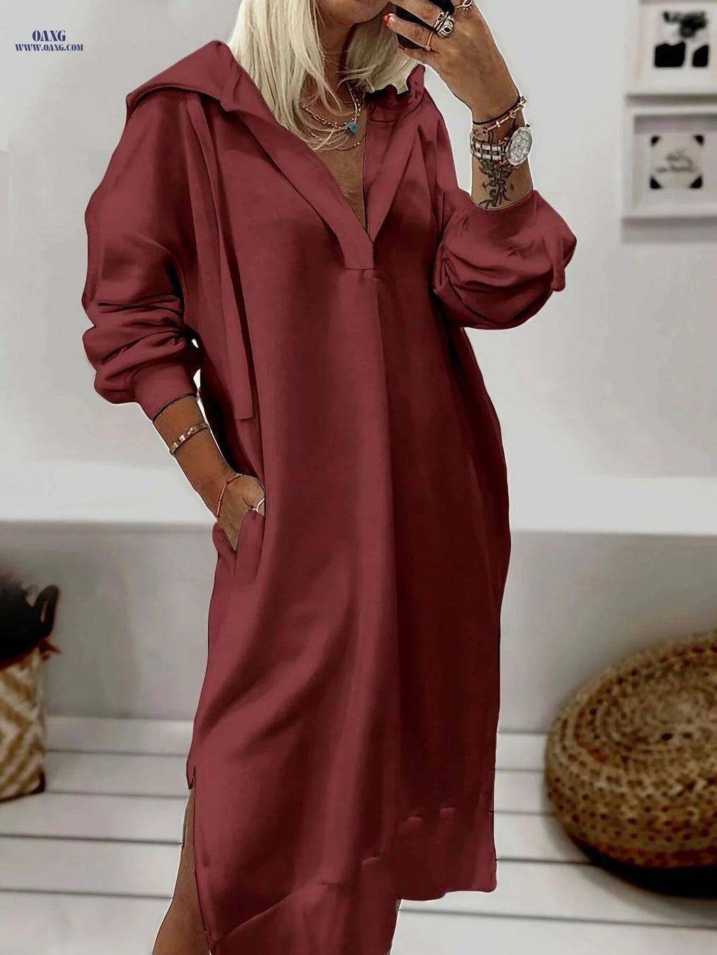 Cozy V-Neck Split Hem Hooded Sweatshirt Dress - Casual Spring Style   OAXG White / S