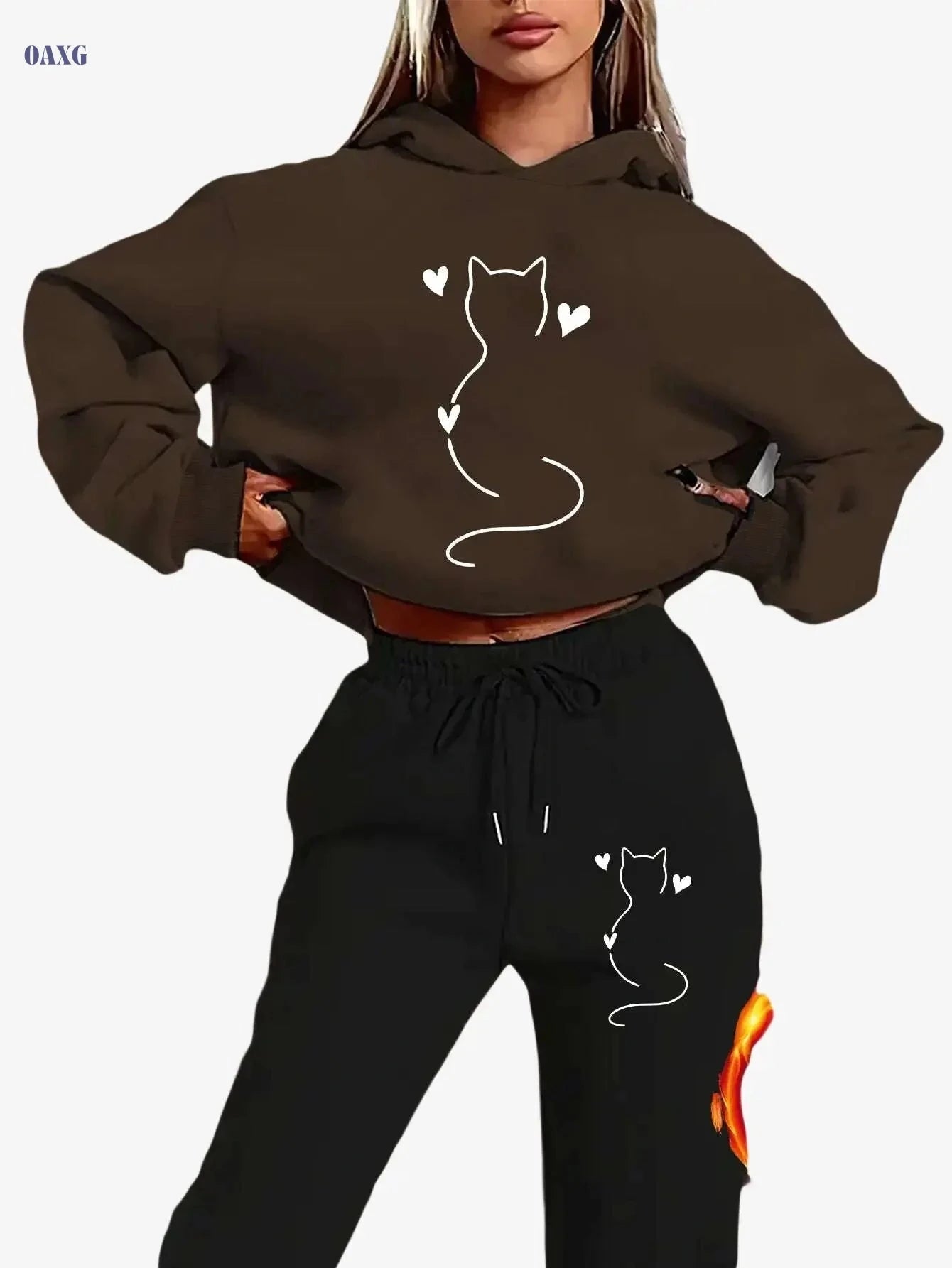 Cozy Women's Cat-Themed Hooded Sweatsuit - Y2K Aesthetic Outfit   OAXG 