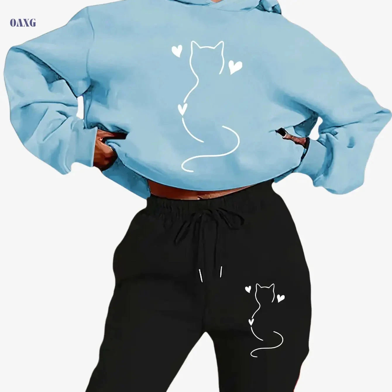 Cozy Women's Cat-Themed Hooded Sweatsuit - Y2K Aesthetic Outfit   OAXG 