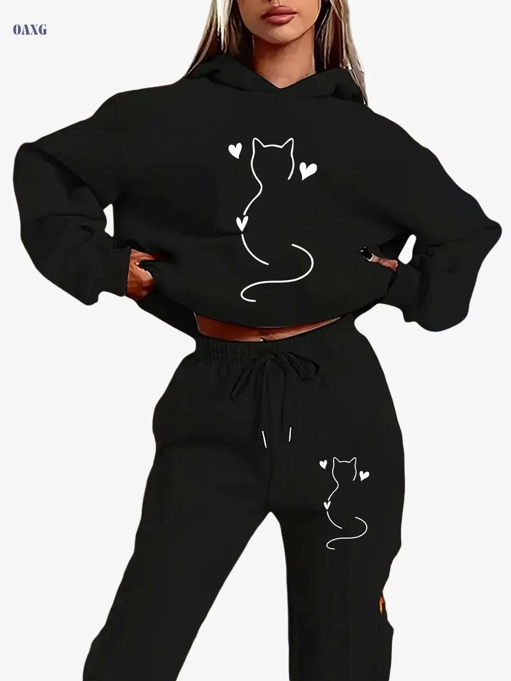 Cozy Women's Cat-Themed Hooded Sweatsuit - Y2K Aesthetic Outfit   OAXG 