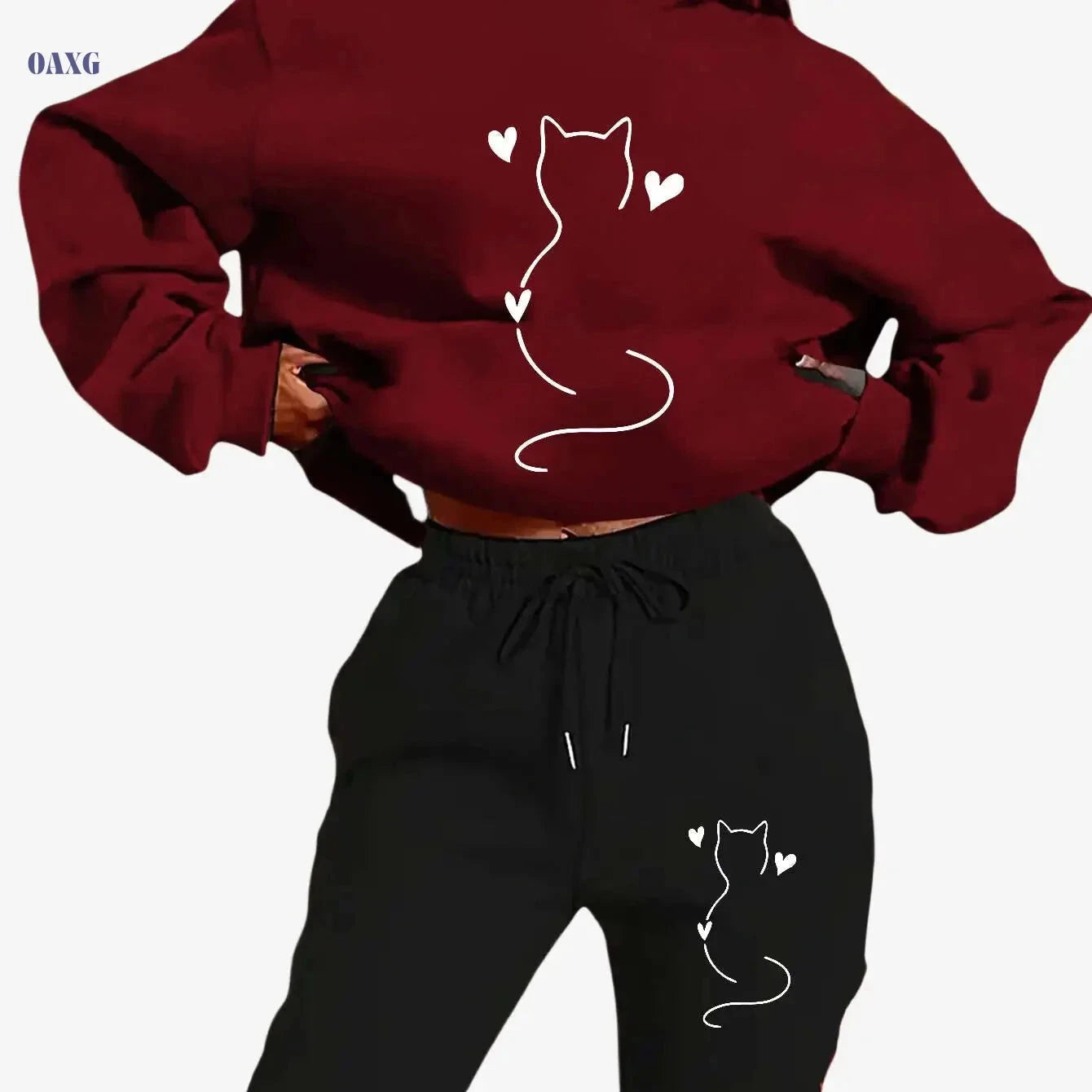 Cozy Women's Cat-Themed Hooded Sweatsuit - Y2K Aesthetic Outfit   OAXG 