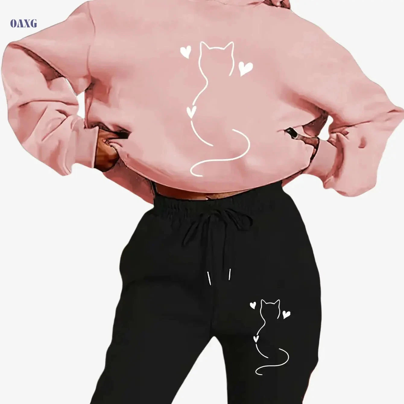 Cozy Women's Cat-Themed Hooded Sweatsuit - Y2K Aesthetic Outfit   OAXG 