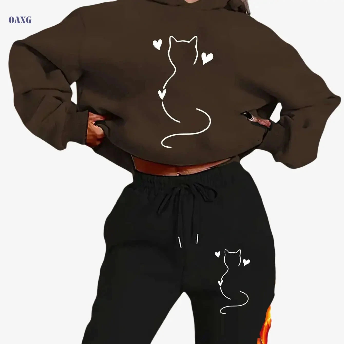 Cozy Women's Cat-Themed Hooded Sweatsuit - Y2K Aesthetic Outfit   OAXG 