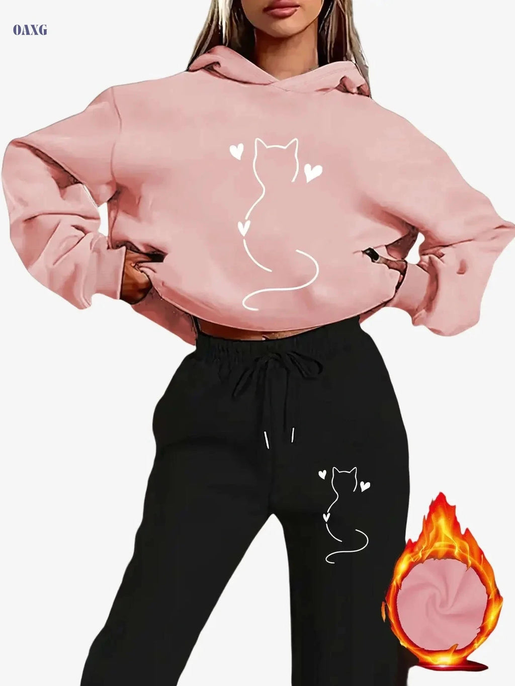 Cozy Women's Cat-Themed Hooded Sweatsuit - Y2K Aesthetic Outfit   OAXG Black / S
