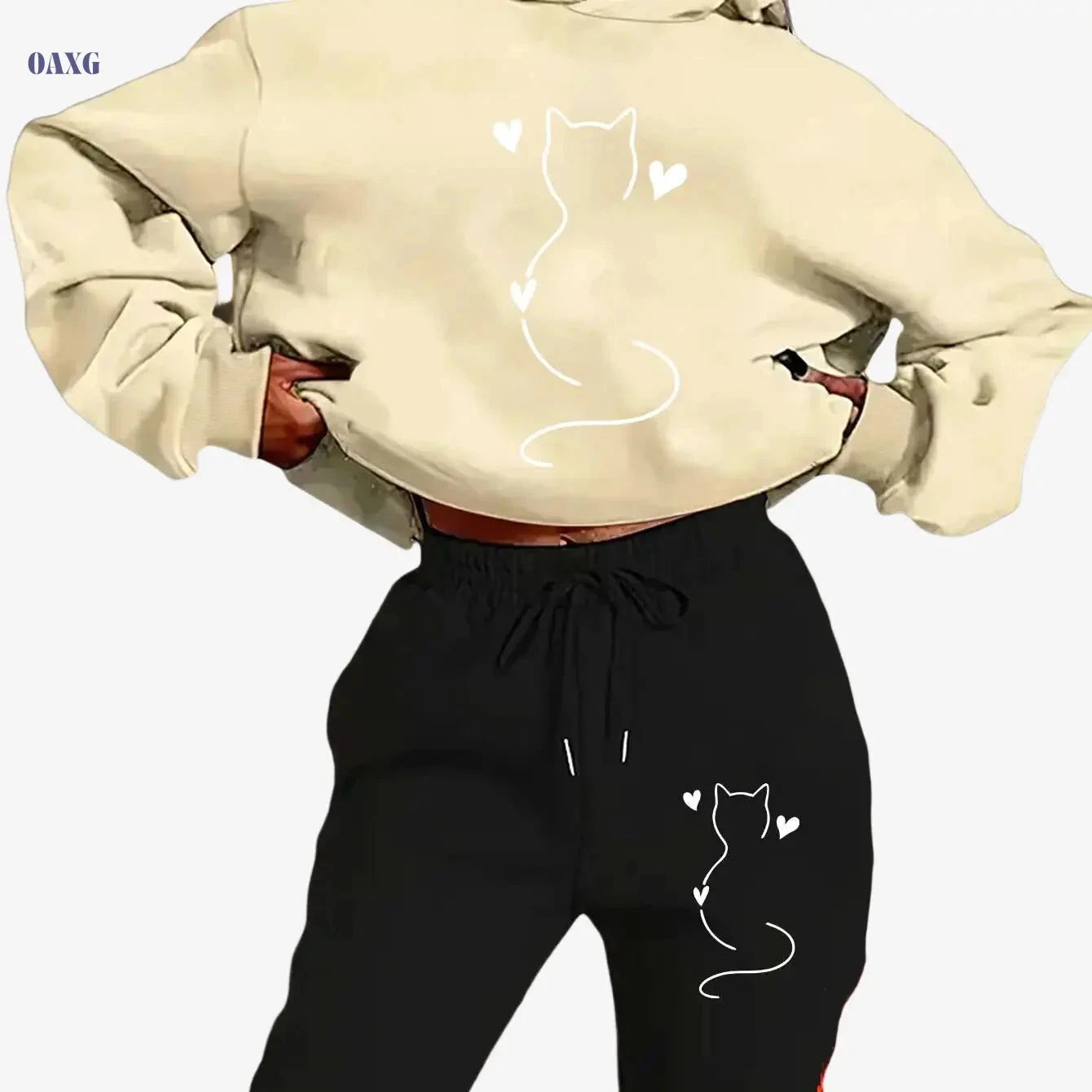 Cozy Women's Cat-Themed Hooded Sweatsuit - Y2K Aesthetic Outfit   OAXG Black / S