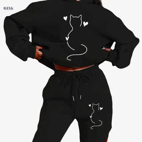 Cozy Women's Cat-Themed Hooded Sweatsuit - Y2K Aesthetic Outfit   OAXG 