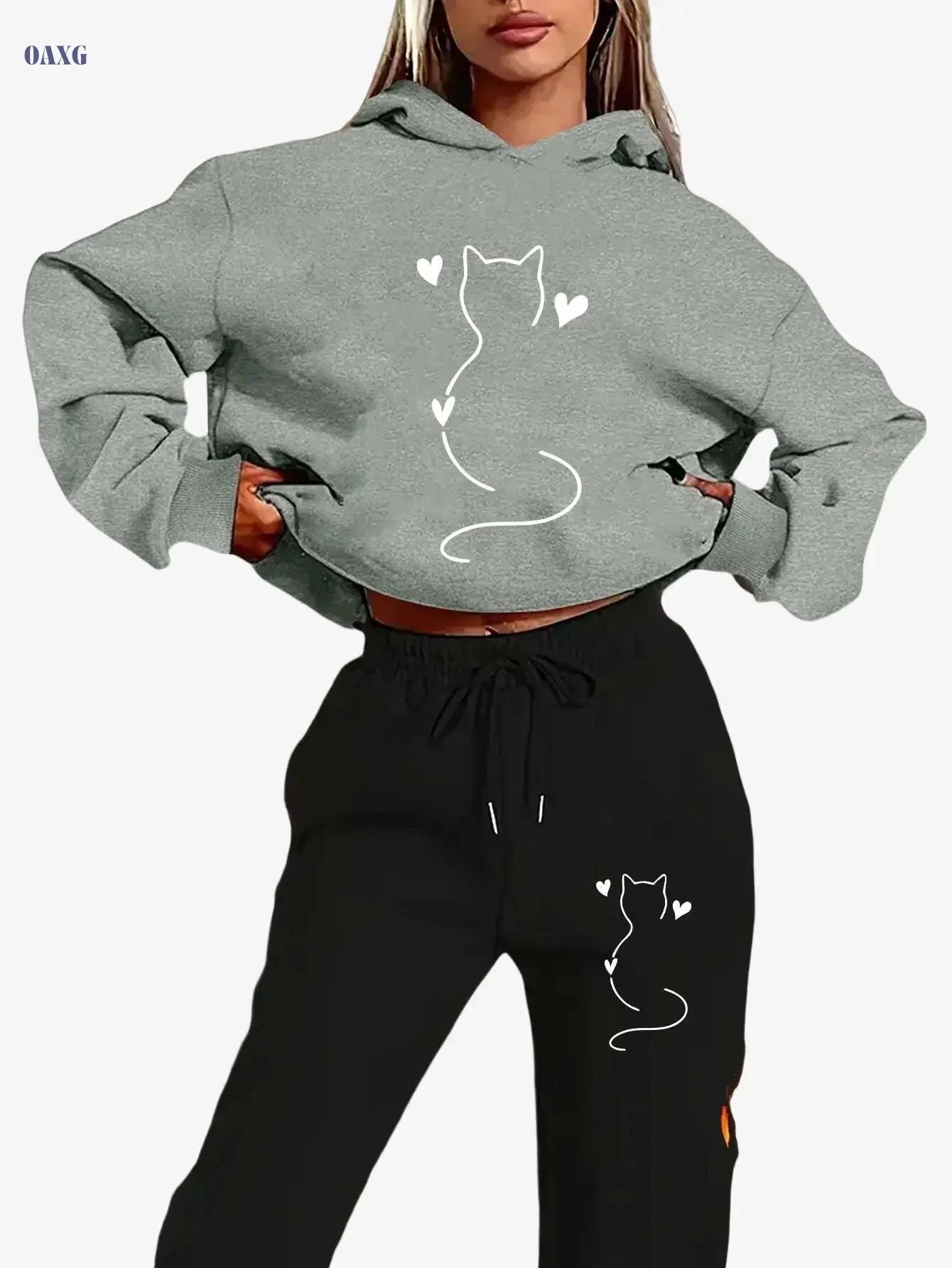 Cozy Women's Cat-Themed Hooded Sweatsuit - Y2K Aesthetic Outfit   OAXG 