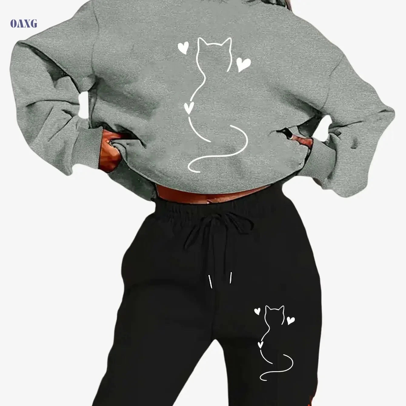 Cozy Women's Cat-Themed Hooded Sweatsuit - Y2K Aesthetic Outfit   OAXG 