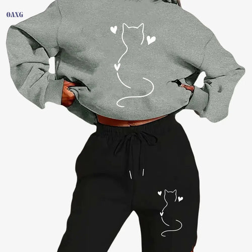 Cozy Women's Cat-Themed Hooded Sweatsuit - Y2K Aesthetic Outfit   OAXG 