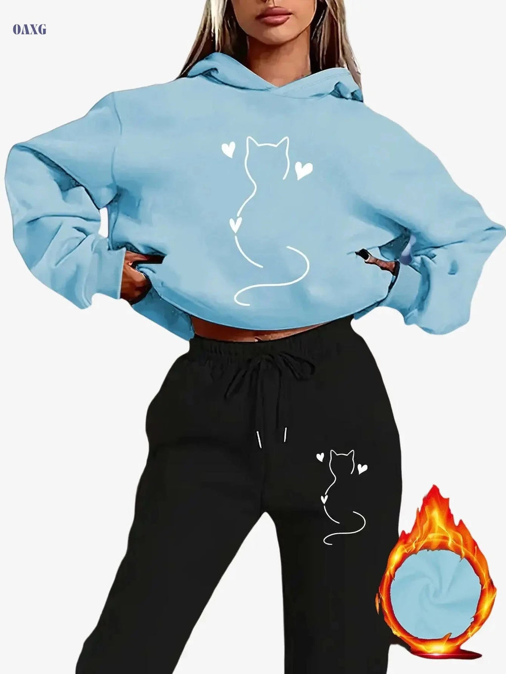 Cozy Women's Cat-Themed Hooded Sweatsuit - Y2K Aesthetic Outfit   OAXG 