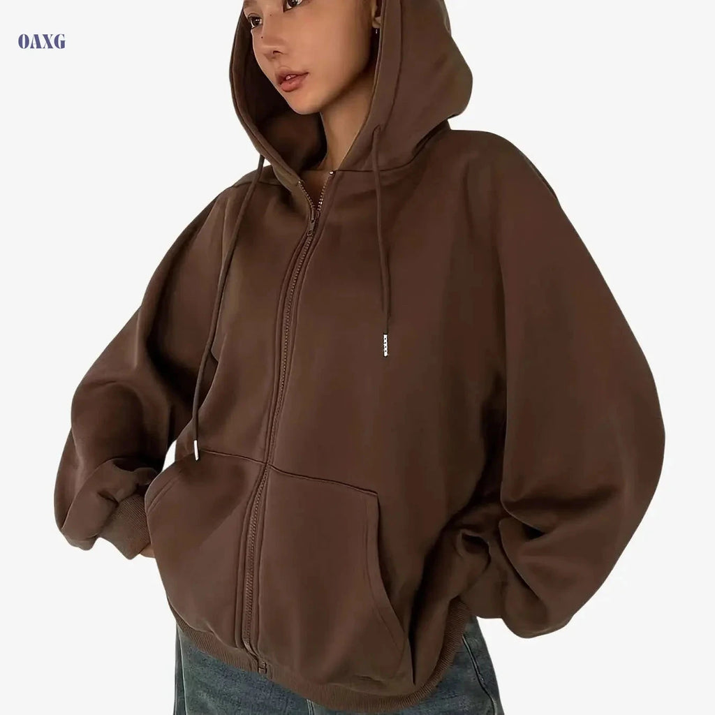 Cozy Women's Zip-Up Hoodie - Casual Pullover with Pockets   OAXG Coffee color / XS