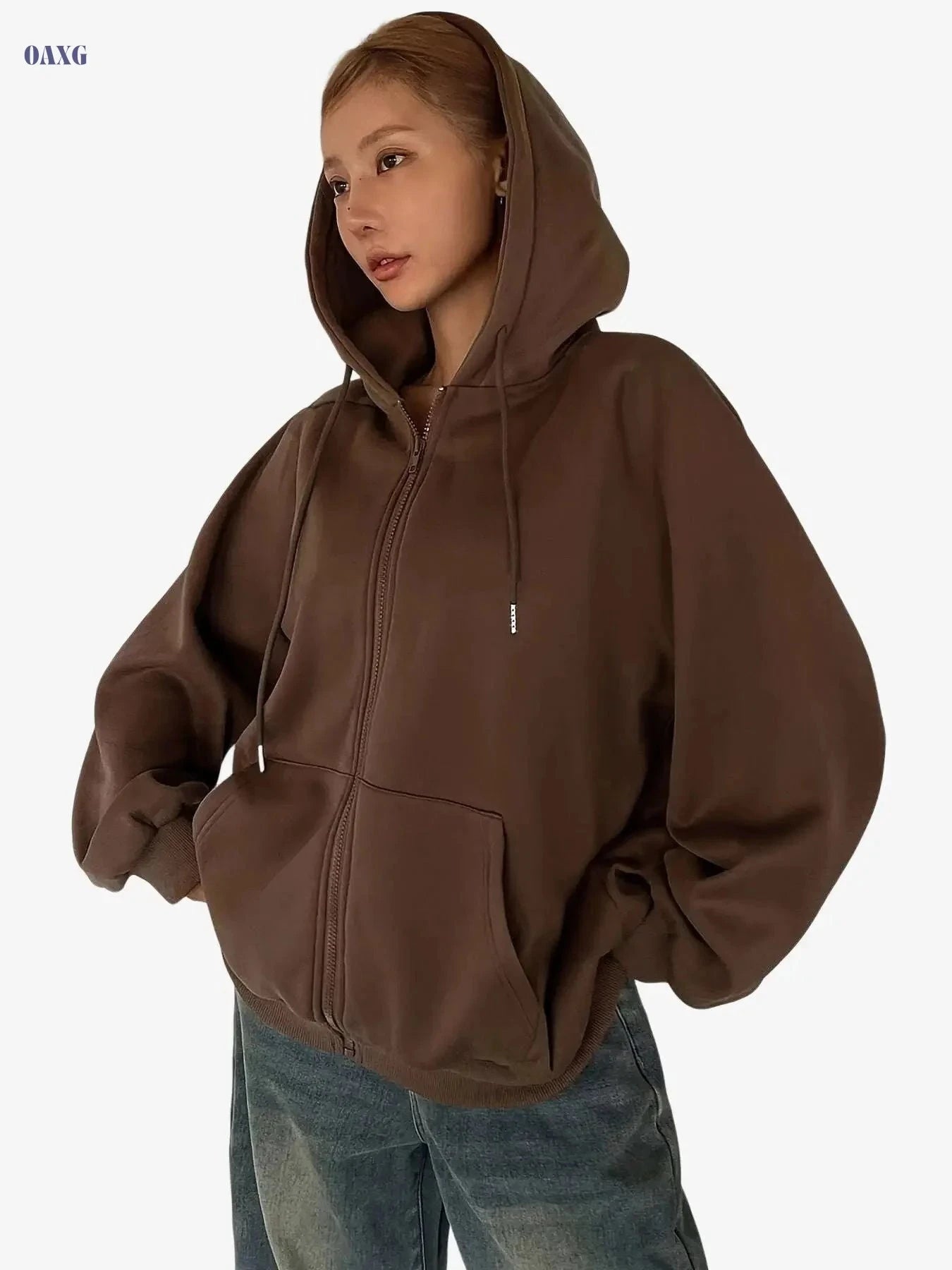 Cozy Women's Zip-Up Hoodie - Casual Pullover with Pockets   OAXG Coffee color / XS