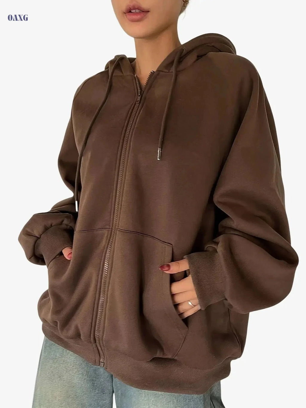 Cozy Women's Zip-Up Hoodie - Casual Pullover with Pockets   OAXG Coffee color / XS
