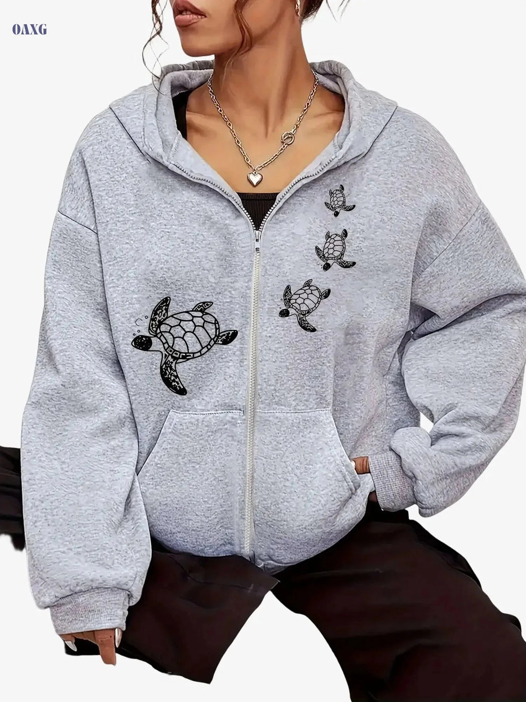 Creative Turtle Women's Zip-Up Hoodie - Trendy Animal Print, Kangaroo Pocket   OAXG 