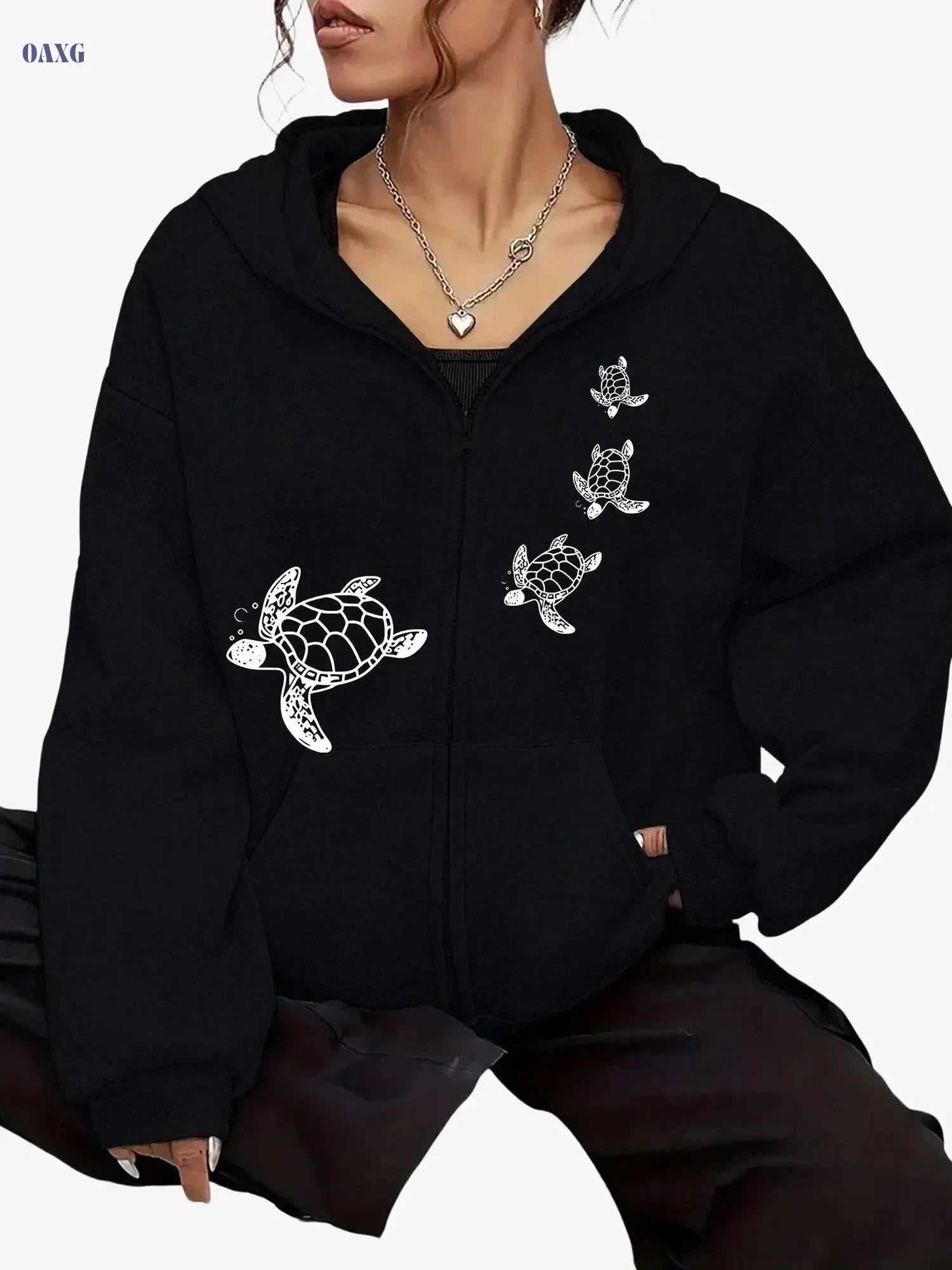 Creative Turtle Women's Zip-Up Hoodie - Trendy Animal Print, Kangaroo Pocket   OAXG Grey / S