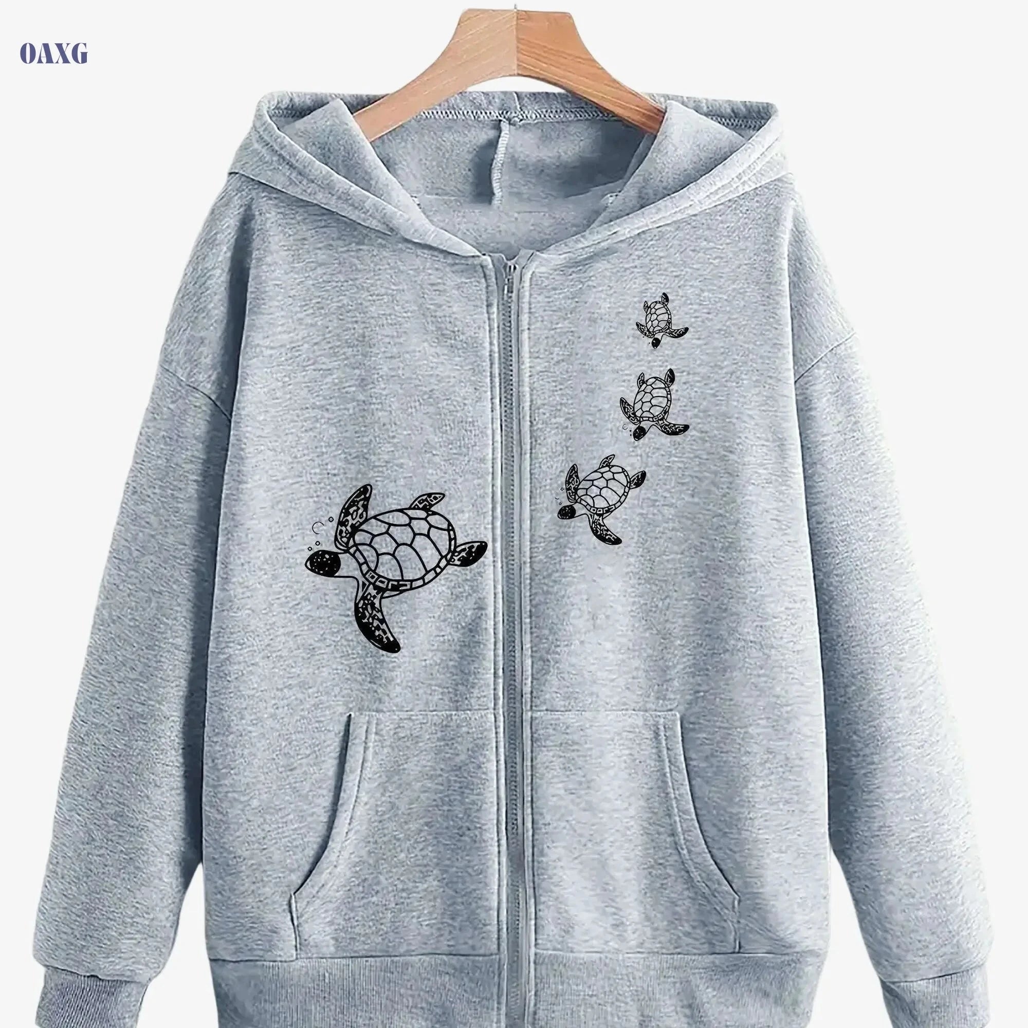 Creative Turtle Women's Zip-Up Hoodie - Trendy Animal Print, Kangaroo Pocket   OAXG Grey / S