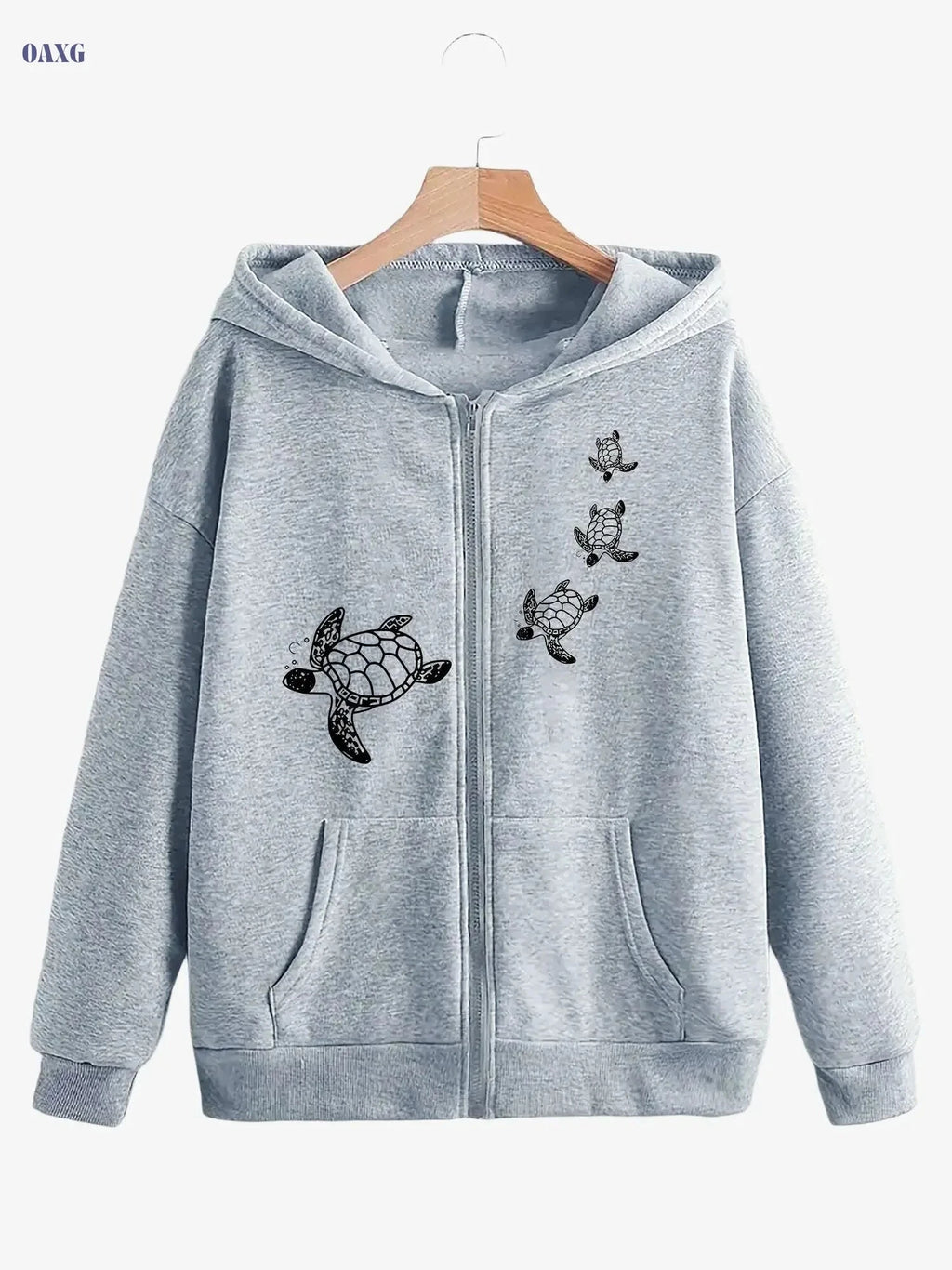 Creative Turtle Women's Zip-Up Hoodie - Trendy Animal Print, Kangaroo Pocket   OAXG Grey / S