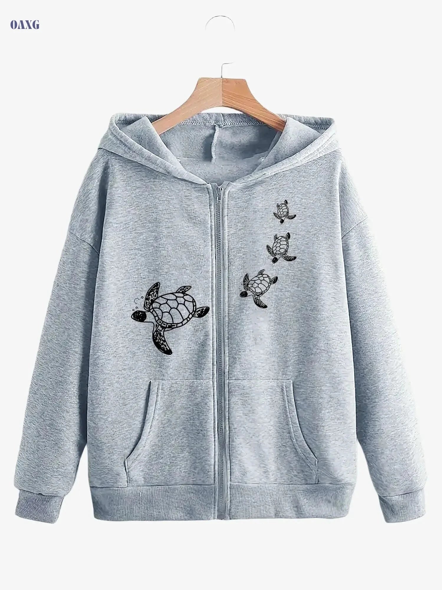 Creative Turtle Women's Zip-Up Hoodie - Trendy Animal Print, Kangaroo Pocket   OAXG Grey / S