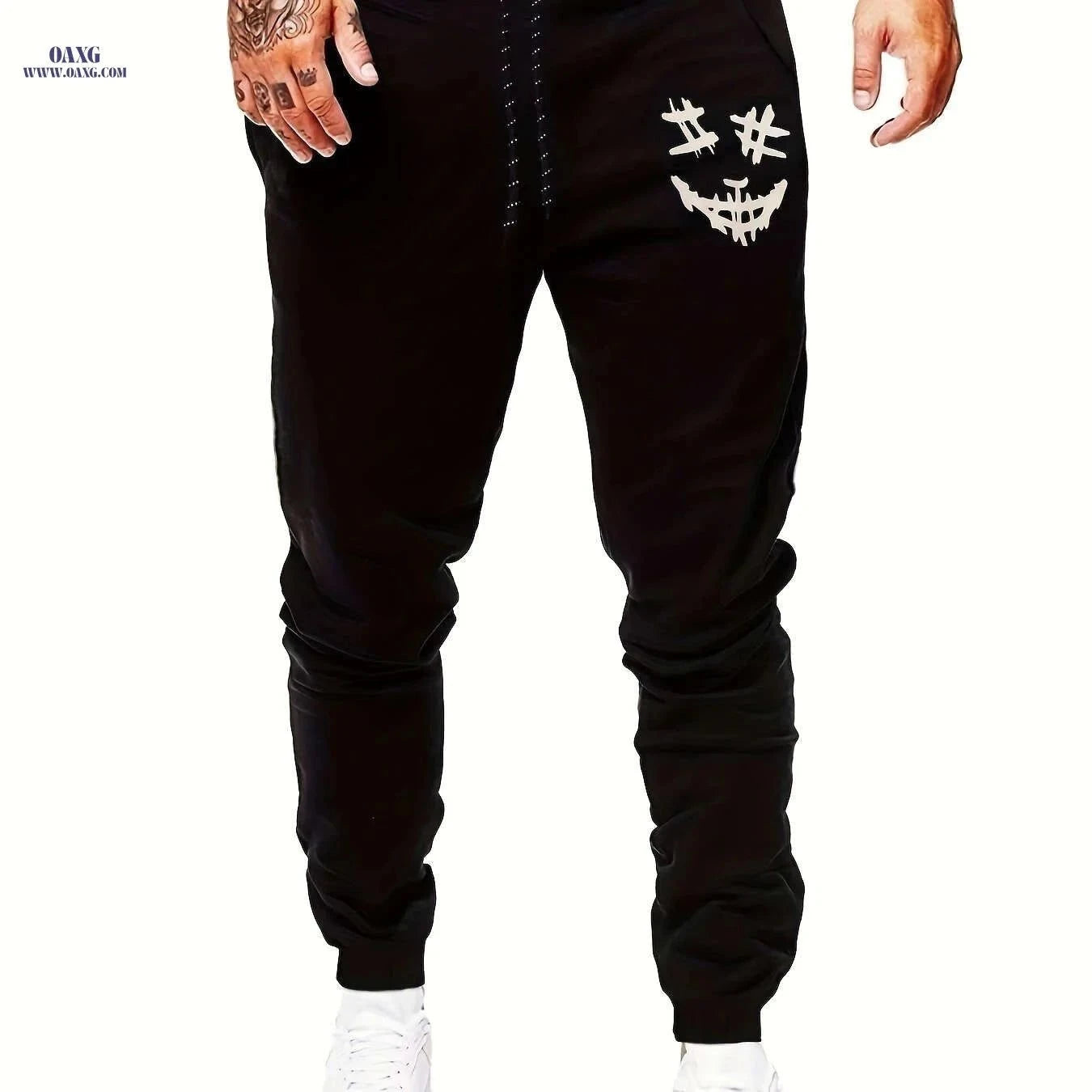 Creepy Face Print Joggers for Men – Casual Drawstring Sweatpants   OAXG Light Grey / FR S