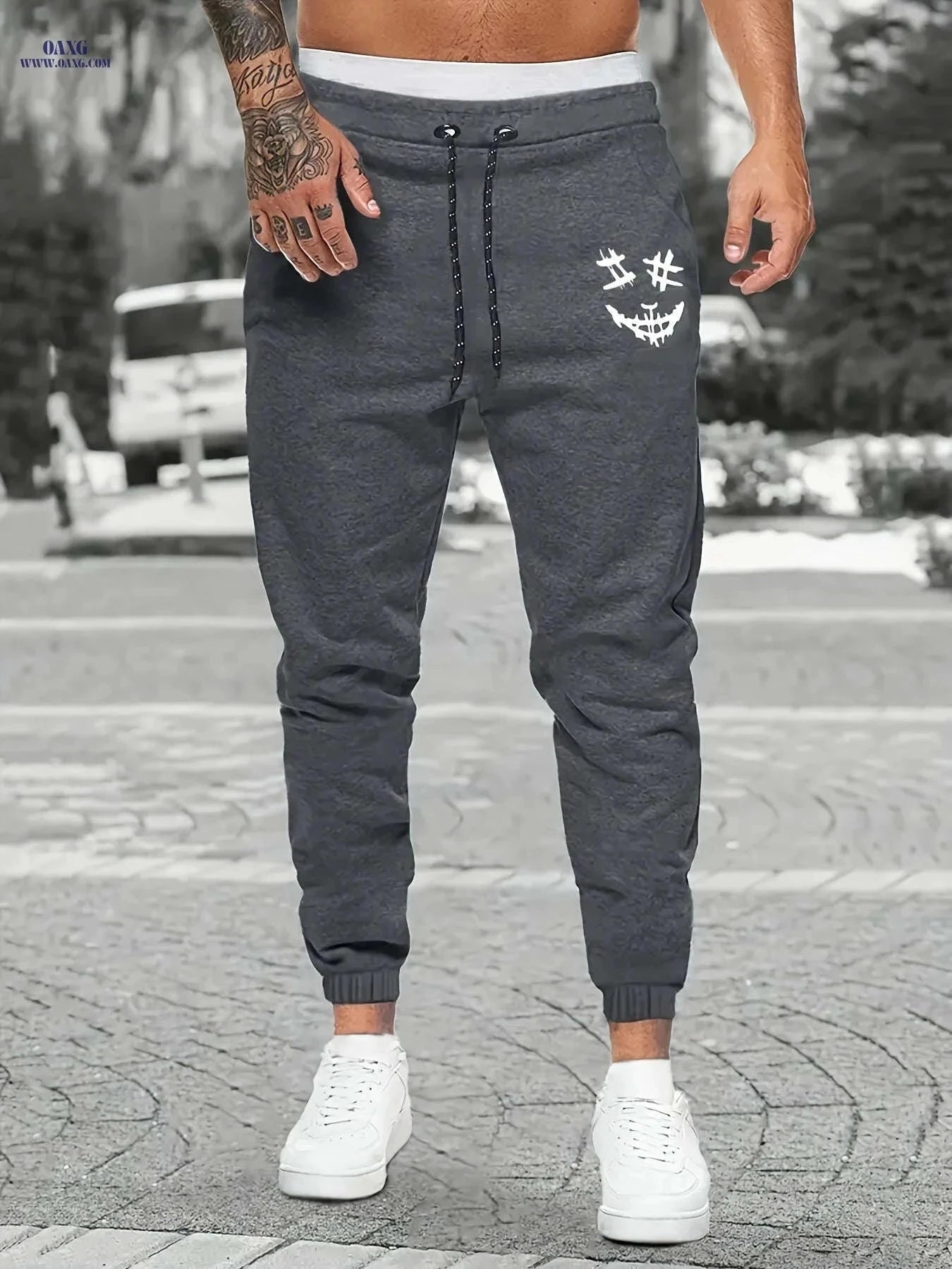Creepy Face Print Joggers for Men – Casual Drawstring Sweatpants   OAXG Light Grey / FR S