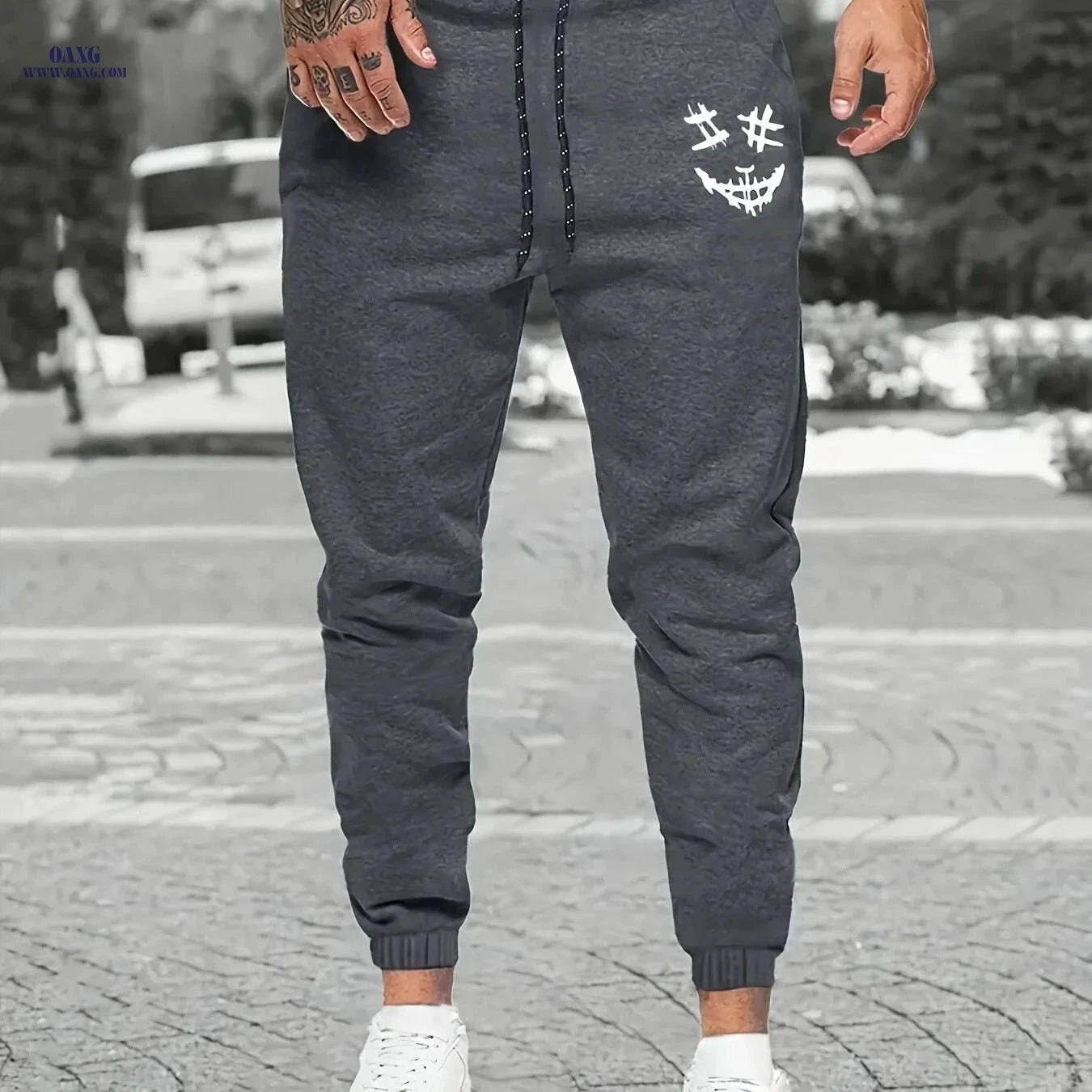 Creepy Face Print Joggers for Men – Casual Drawstring Sweatpants   OAXG Light Grey / FR S