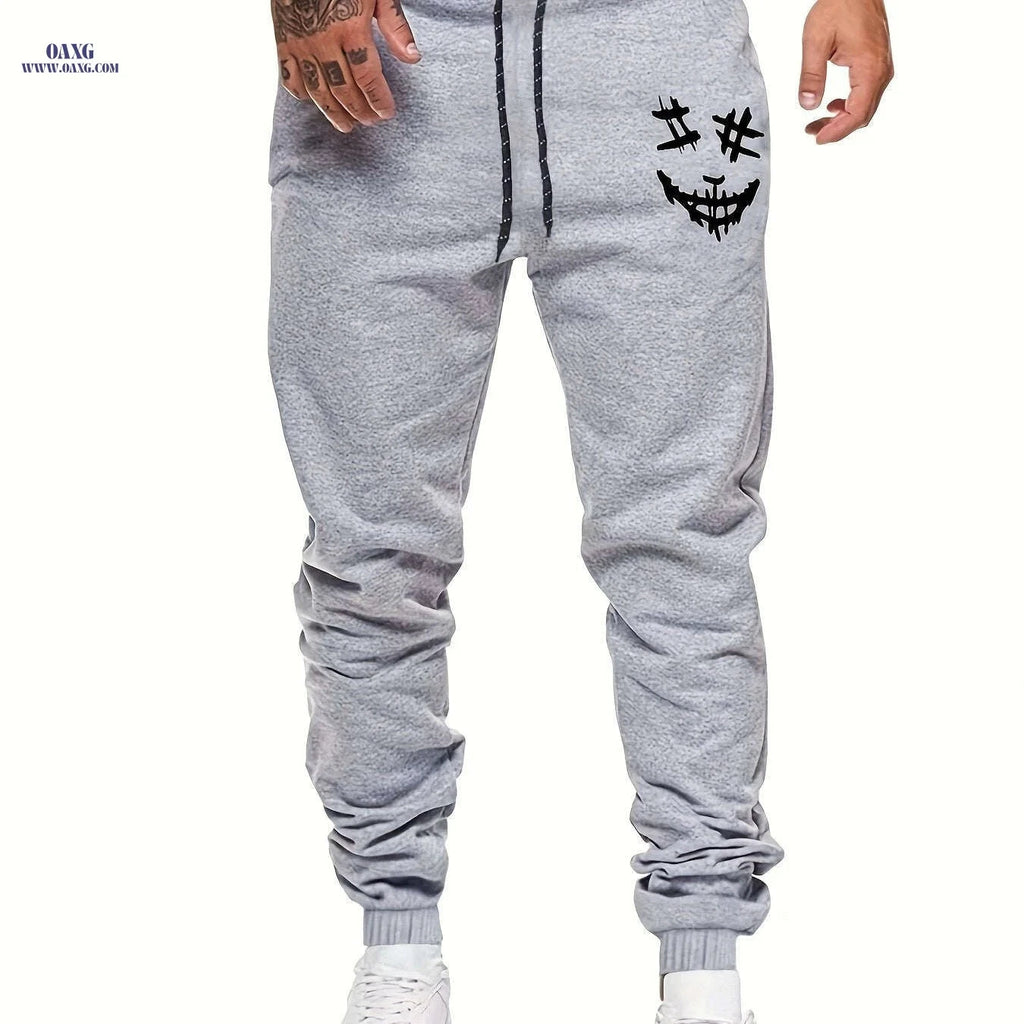 Creepy Face Print Joggers for Men – Casual Drawstring Sweatpants   OAXG Light Grey / FR S