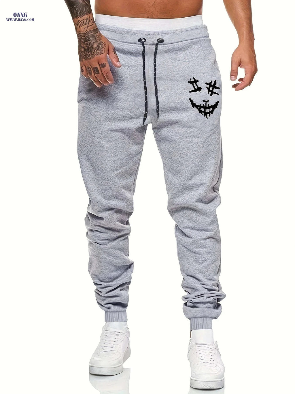 Creepy Face Print Joggers for Men – Casual Drawstring Sweatpants   OAXG Light Grey / FR S
