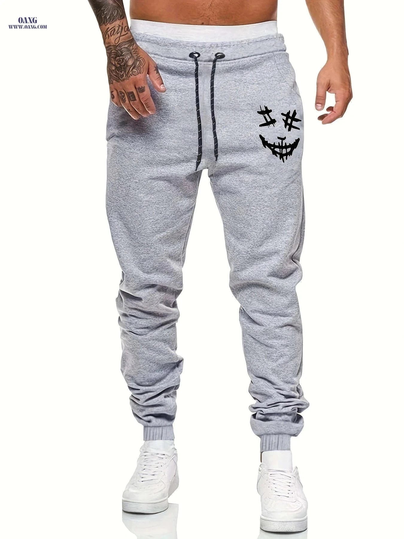 Creepy Face Print Joggers for Men – Casual Drawstring Sweatpants   OAXG Light Grey / FR S