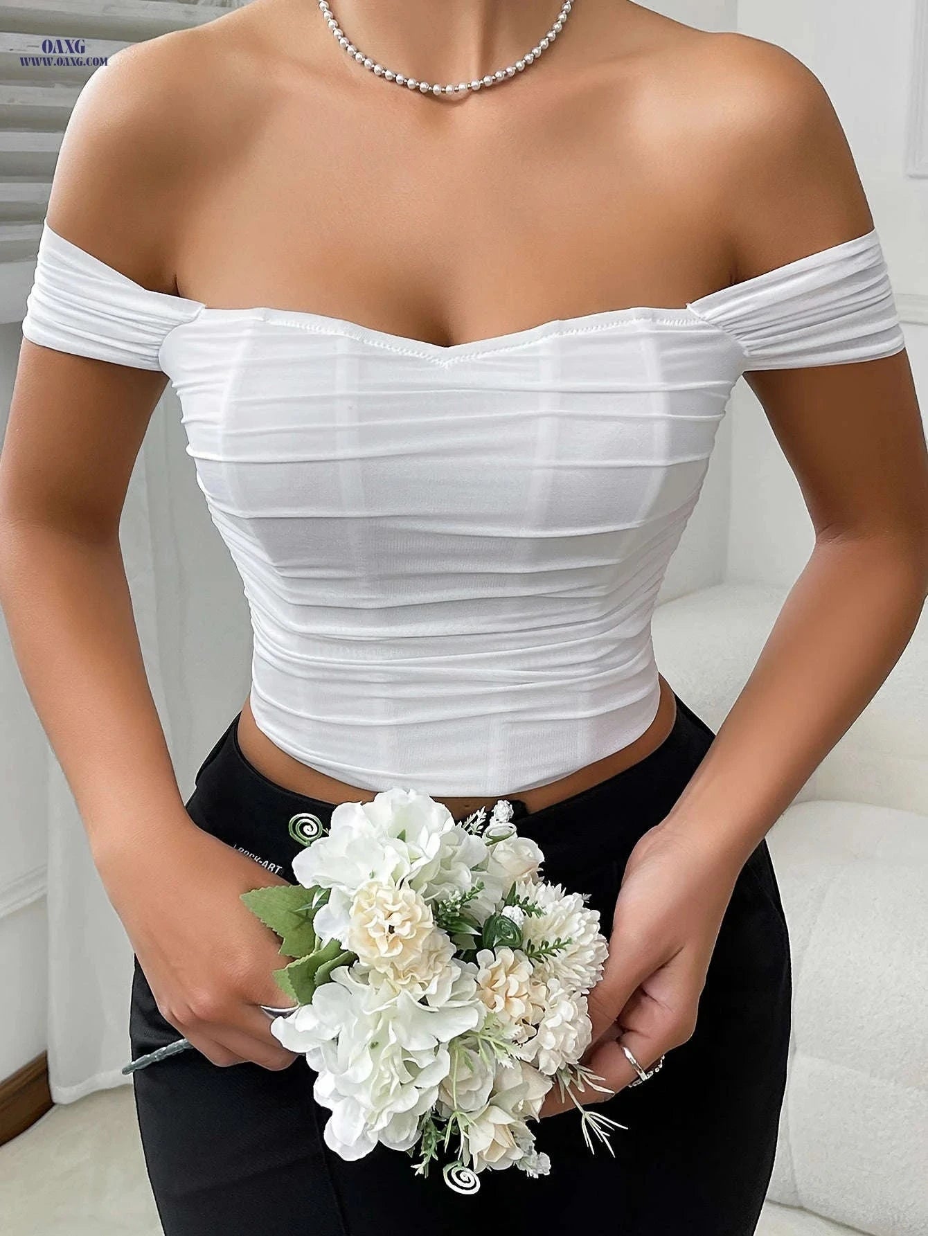 Cross-Border Women's Solid Color Backless Off-Shoulder Top - Chic Style   OAXG Black / XS