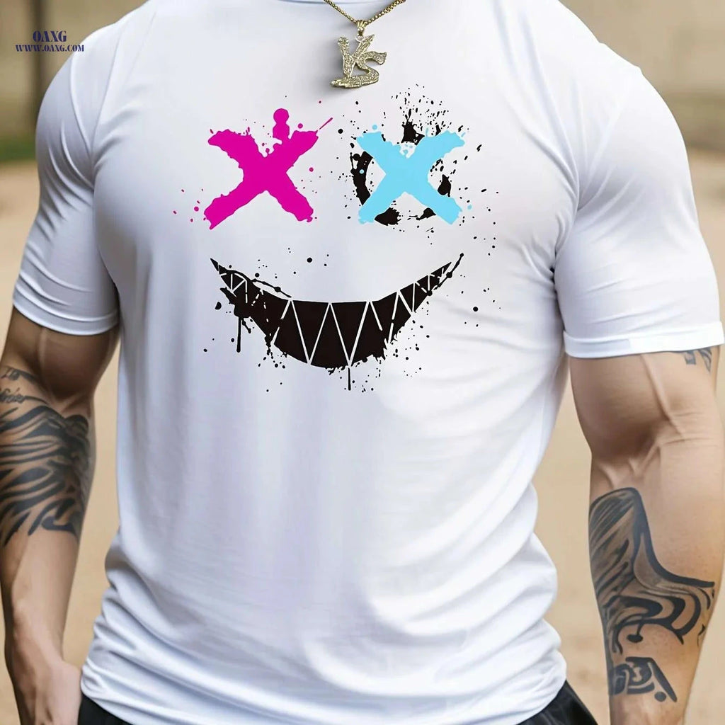 Cross Eyes Smile Face Print Men's Graphic T-shirt - Casual Summer Tee   OAXG 