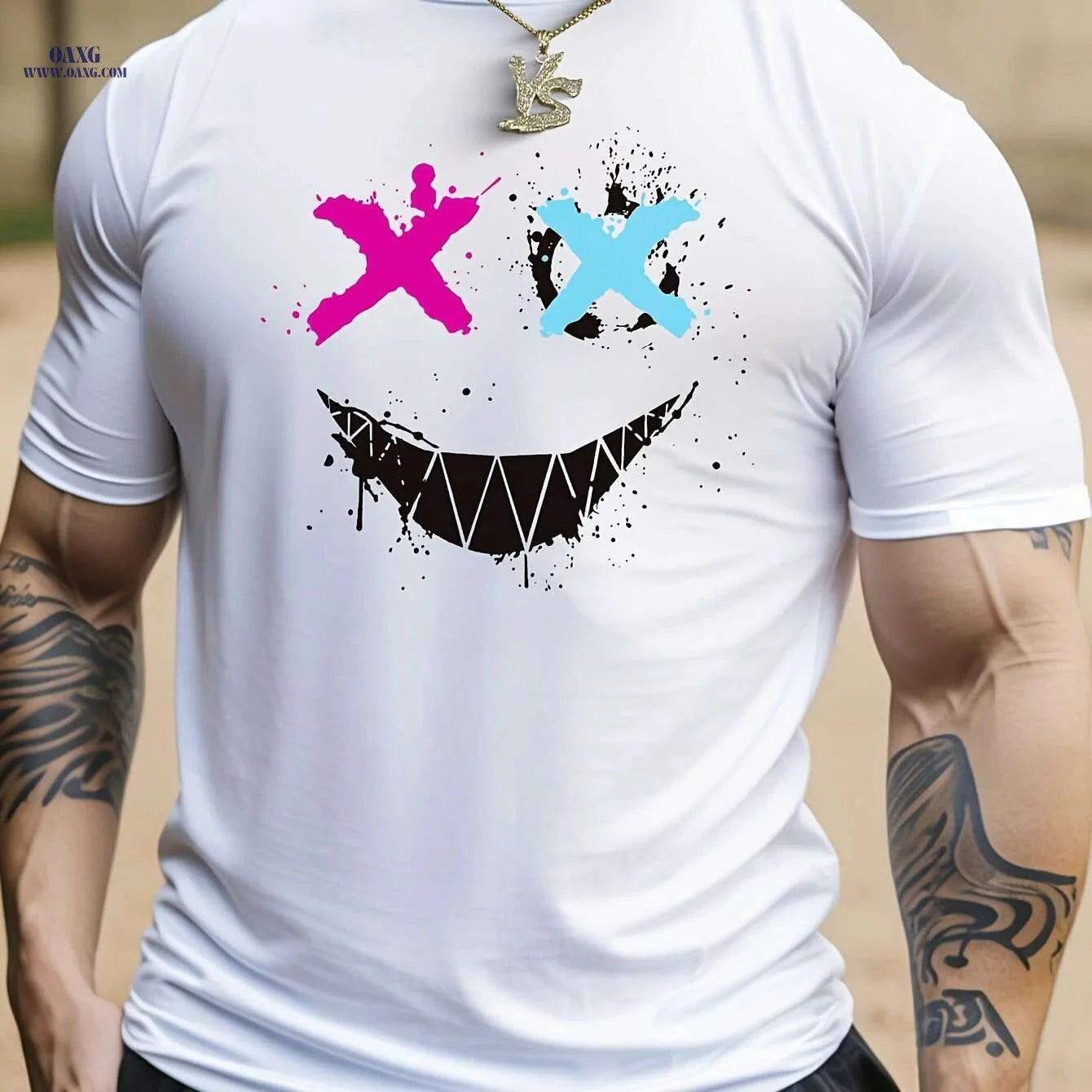 Cross Eyes Smile Face Print Men's Graphic T-shirt - Casual Summer Tee   OAXG 