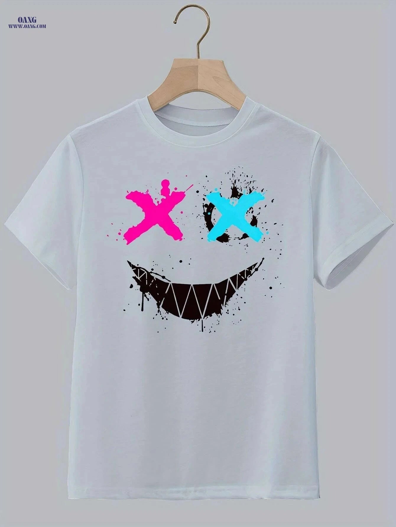 Cross Eyes Smile Face Print Men's Graphic T-shirt - Casual Summer Tee   OAXG White / S