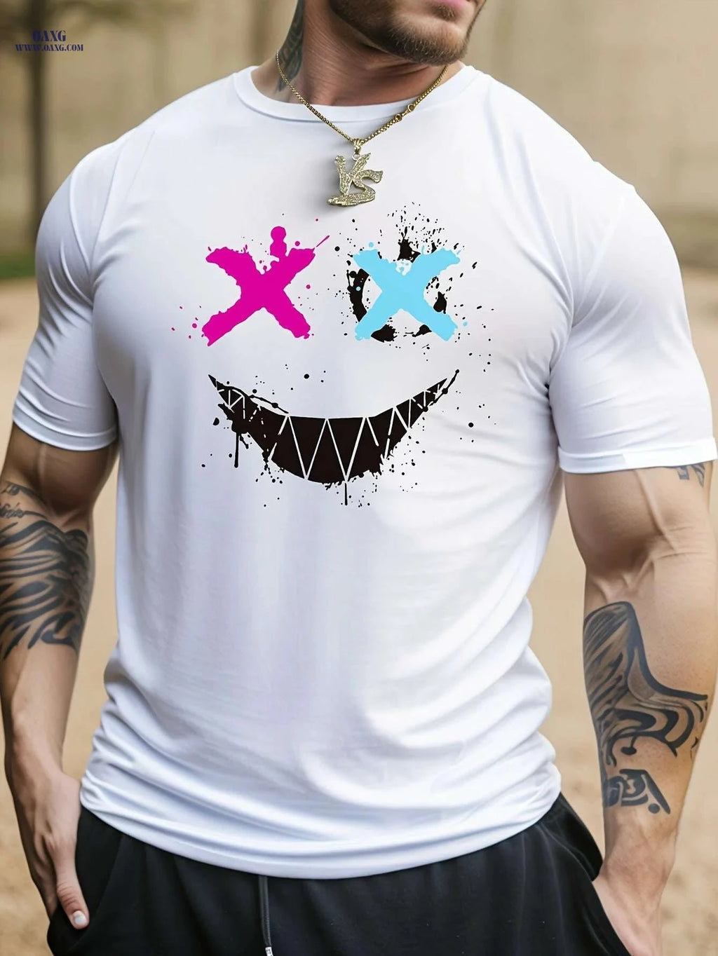 Cross Eyes Smile Face Print Men's Graphic T-shirt - Casual Summer Tee   OAXG White / S