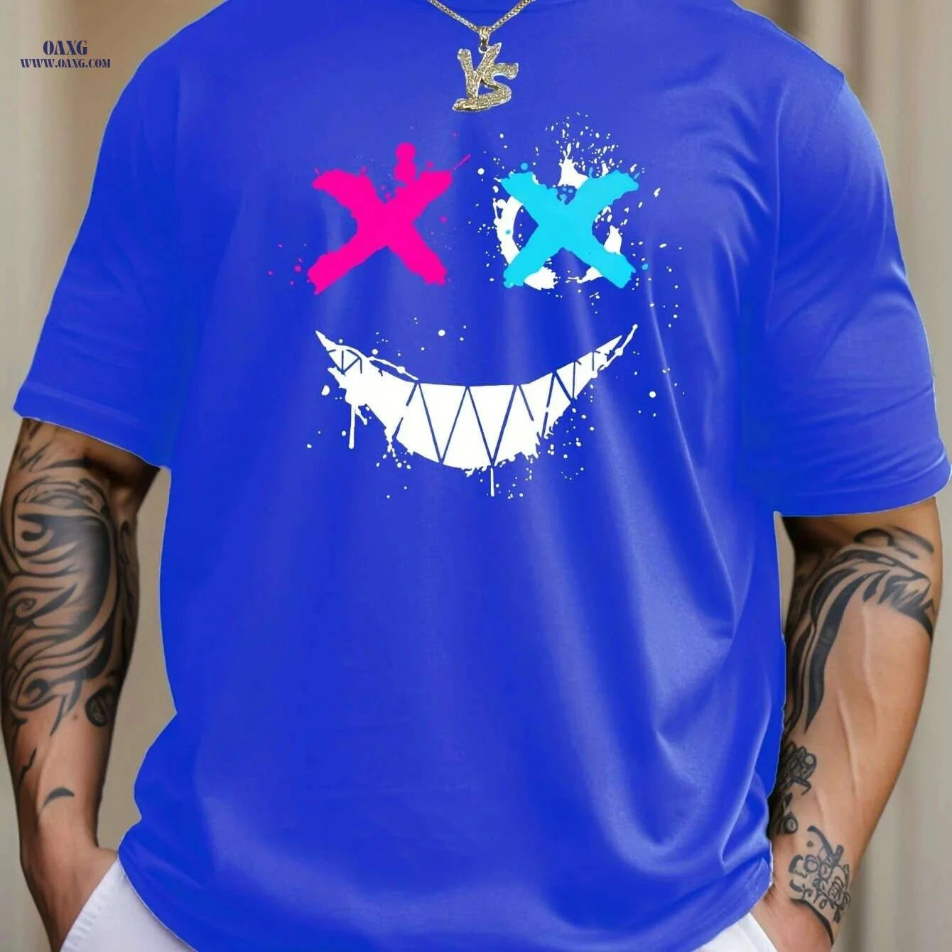 Cross Eyes Smile Face Print Men's Graphic T-shirt - Casual Summer Tee   OAXG White / S